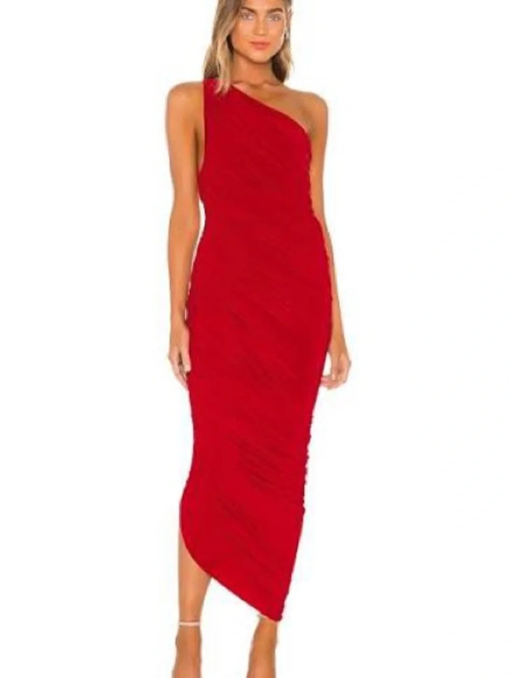 Norma Kamali Diana One Shoulder Gown Red Ruched Bodycon‎ Formal Cocktail Size XS